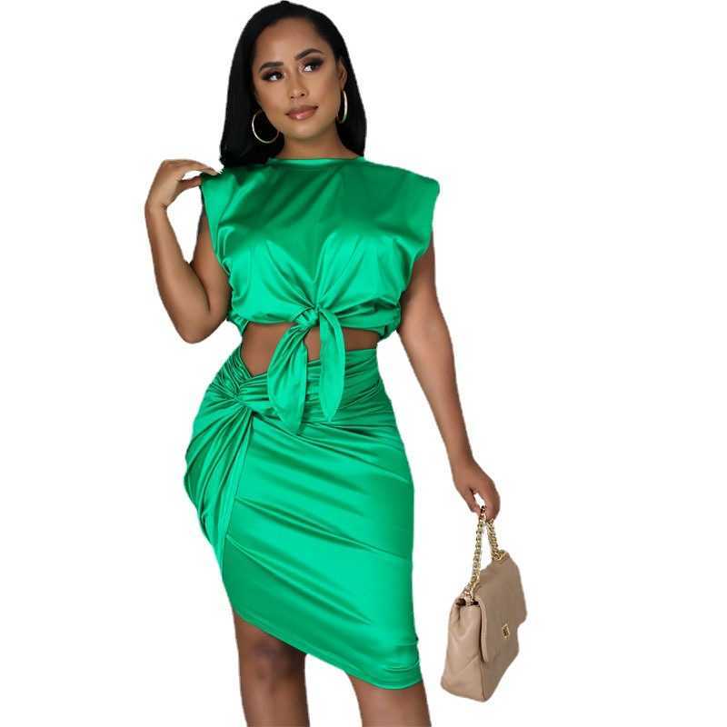 Two Piece Dress Echoine Summer Green Silk Hight Quality Sleeveless Tank Top Lace Up Pleated Stacked Skirt Two Piece Set Skinny Skirt Set Outfits T230113