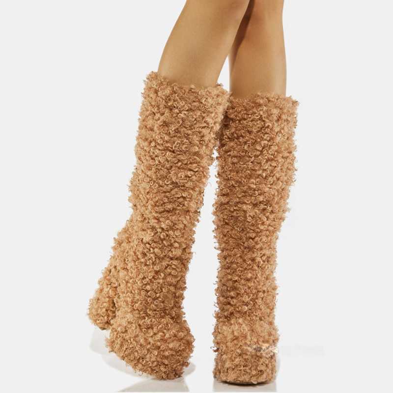 Stivali Testa Rotonda Lunghezza Al Ginocchio Puffy Sexy di Lusso delle Donne Tacco Alto Caldo Cashmere Inverno Gladiatore Scarpe Botas Mujer 221215