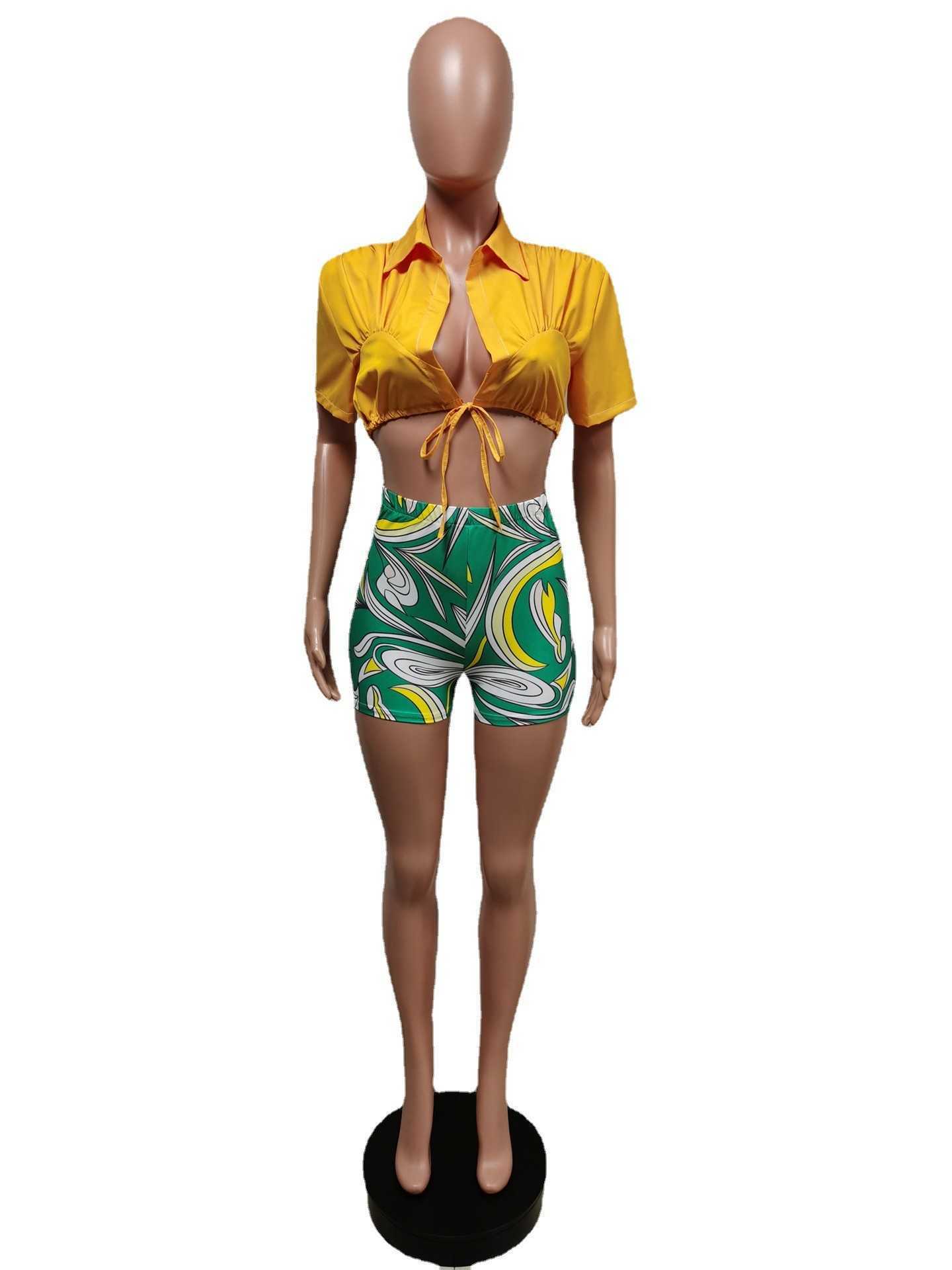 Tvådelad klänning CM.Yaya Workout Beach Women Two Set Outfit Sweatsuit 2022 Mini Shirt Top and Print Shorts Matching Set Street Tracksuit T230113