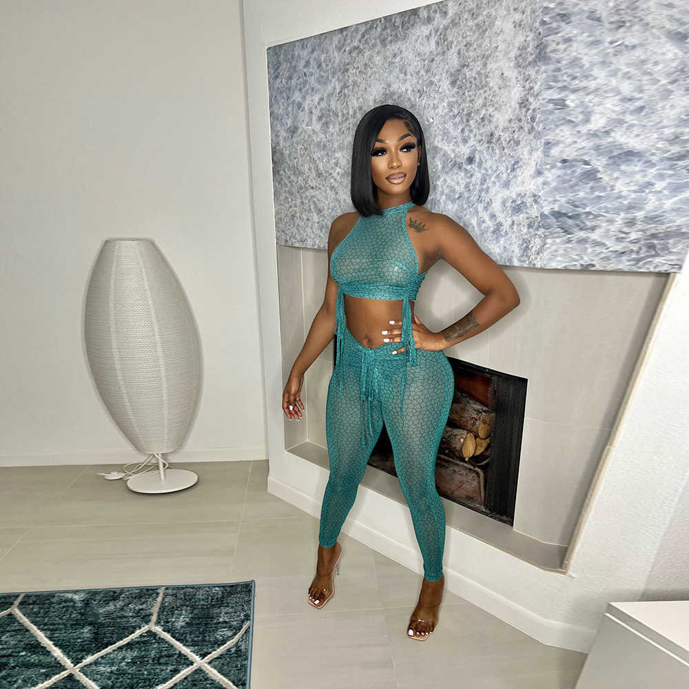 Zweiteiliges Kleid Echoine Green Sheer Mesh Durchsichtiges Crop Top mit Tunnelzug und Hose Set Zweiteiliges passendes Set Sexy Party Night Club Outfits 2022 T230113