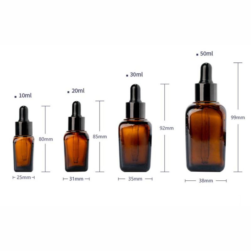 100 stcs 10 ml 20 ml Essentiële olie vierkante druppelaar fles 30 ml 50 ml Amber Clear Glass Serum Vermijd lichte flessen met zwarte plastic dop voor cosmetische verpakking groothandel