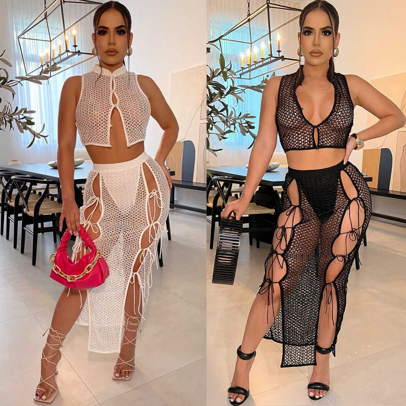 Tweedelige jurk Echoine Summer Design Fishnet Hollow Out tanktop en rok veter bandage split rok twee delige set sexy zie door outfits T230113