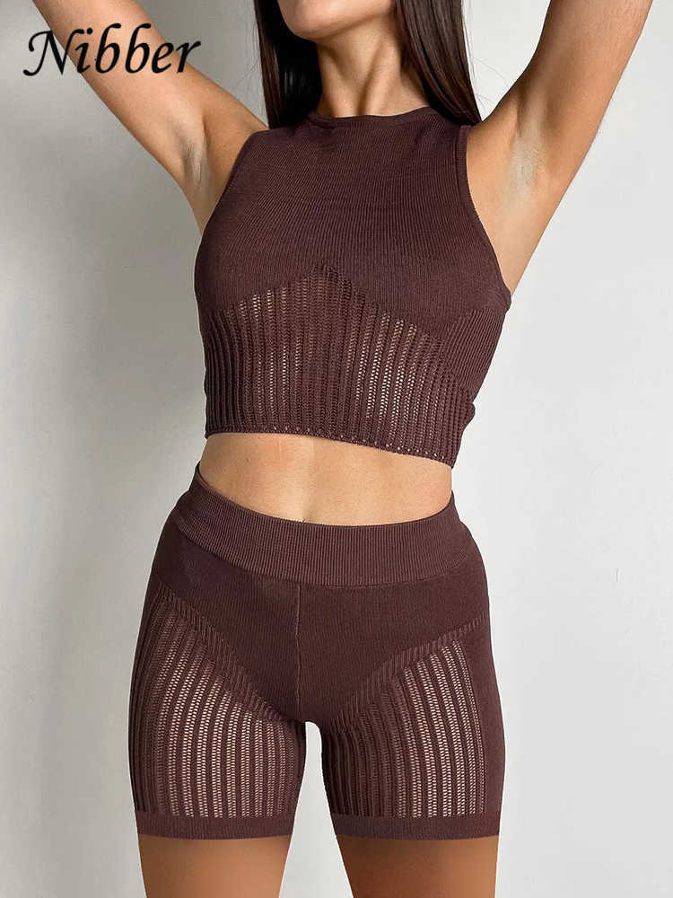 Two Piece Dress Nibber Two Piece Set Women Solid Mesh Knit Sleeveless Crop Top High Waist Slim Shorts Female Casual Sports Breathable Set T230113