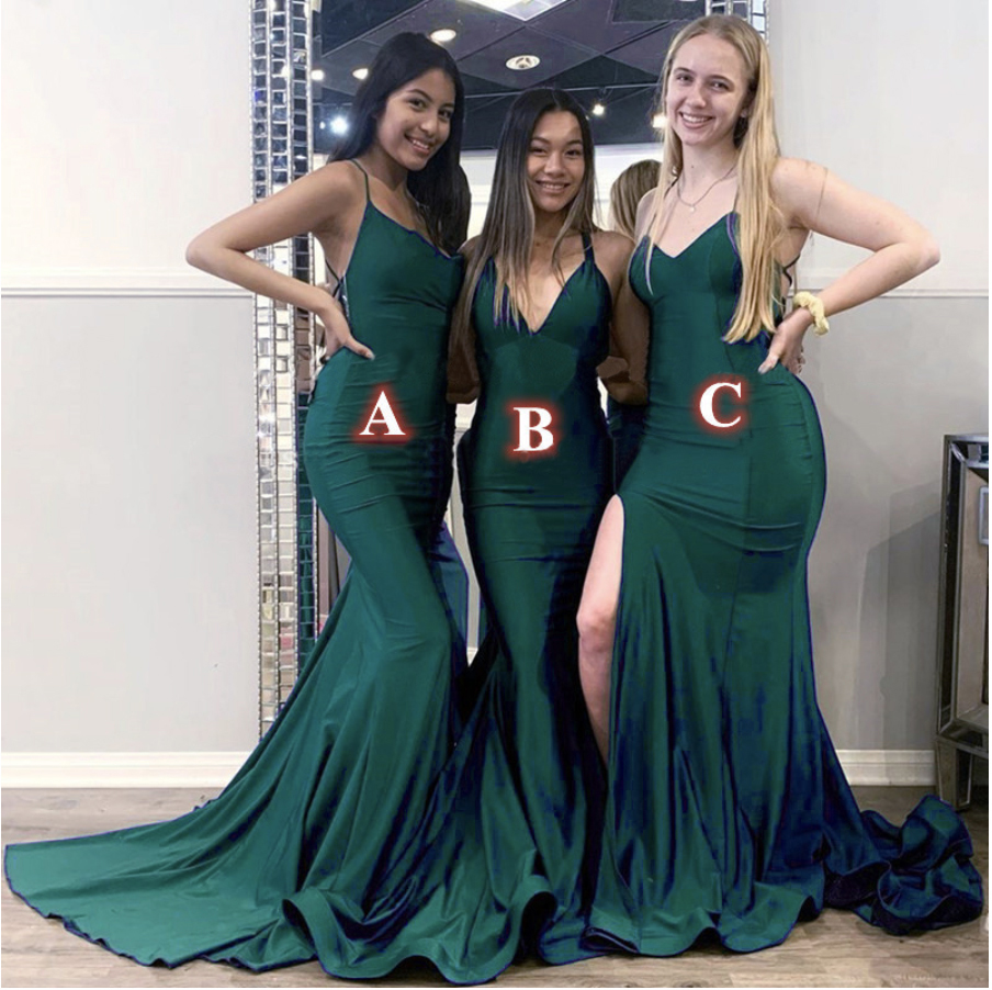 Emerald Green Mermaid brudtärna klänningar Sexig spaghetti remsida delad lång maxi klänning bröllopsfest för kvinnor