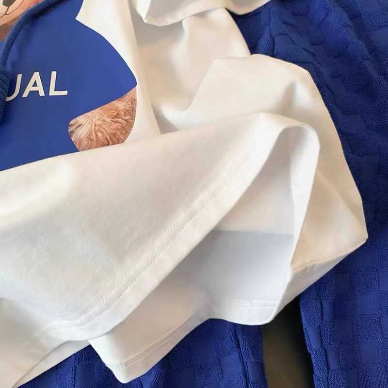 Zweiteiliges Kleid Damen Niedliche Cartoon-Anzüge Weißer Bärendruck O-Ausschnitt Kurzarm-T-Shirt Blaue Hose mit elastischer Taille 2-teiliges Hosenset Outfits T230113