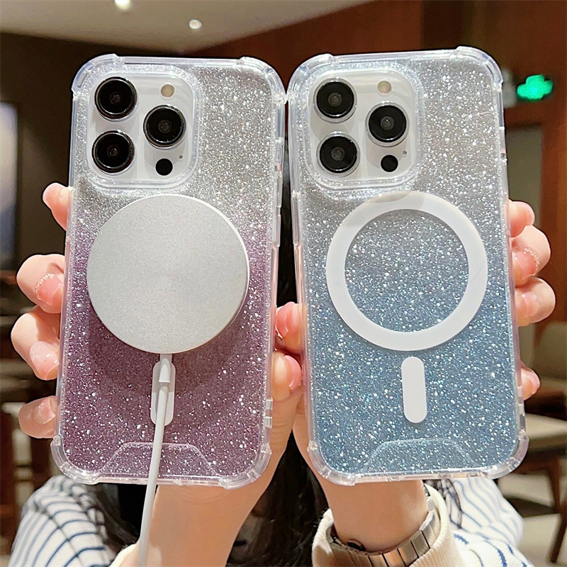 Gradiente glitter carregamento sem fio magnético para magsafe caso para iphone 15 14 13 12 11 pro plus max almofada acrílico pára-choques capa