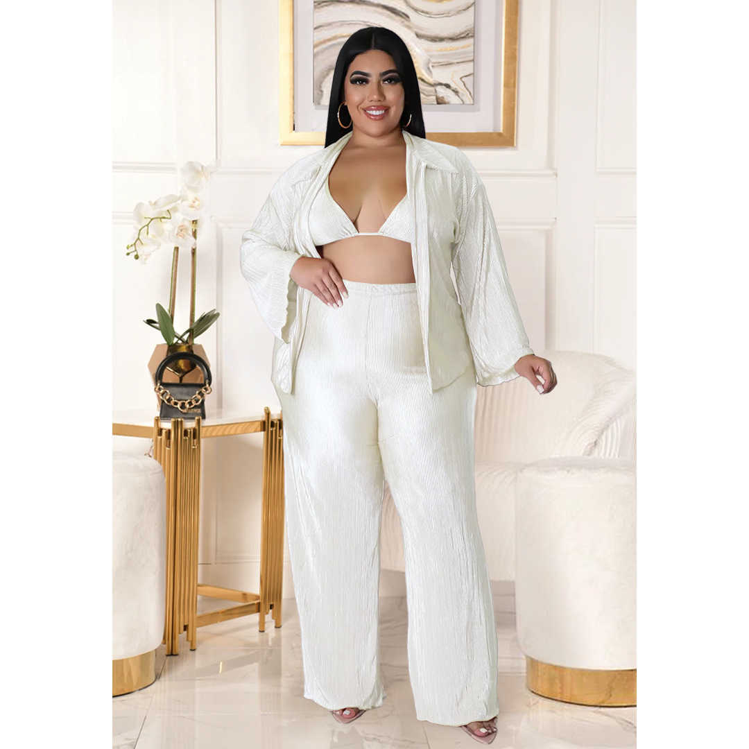 Mujeres casuales de pistas de talla de talla de talla planta plisada pantalones de pierna ancha Deportes de moda Home Tres piezas Traje XL/XXL/XXXL/XXXXL/5XL