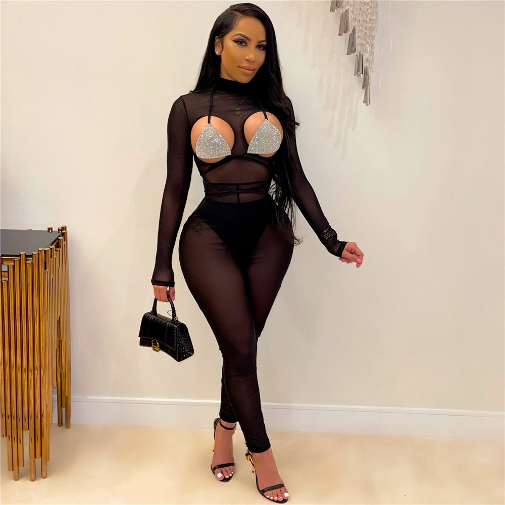 2024 Designer Sexy Mesh Jumpsuits Women Hollow Out Rompers Spring Clothes Sexy See Through Bodycon Jumpsuits Sheer One Piece Outfits Nightclub Party Wear Bulk 9194