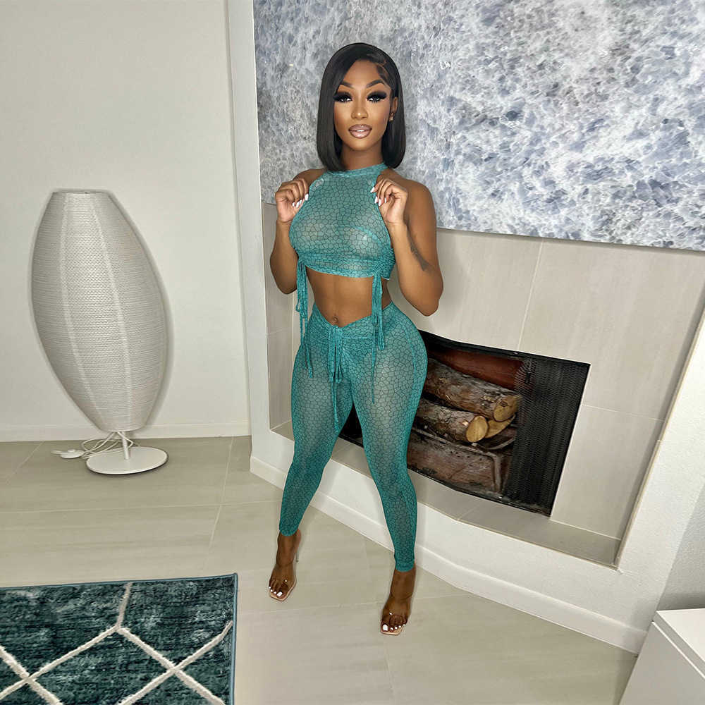 Two Piece Dress Echoine Green Sheer Mesh See Through Drawsting Crop Top and Pants Set Two Piece Matching Set Sexy Party Night Club Outfits 2022 T230113