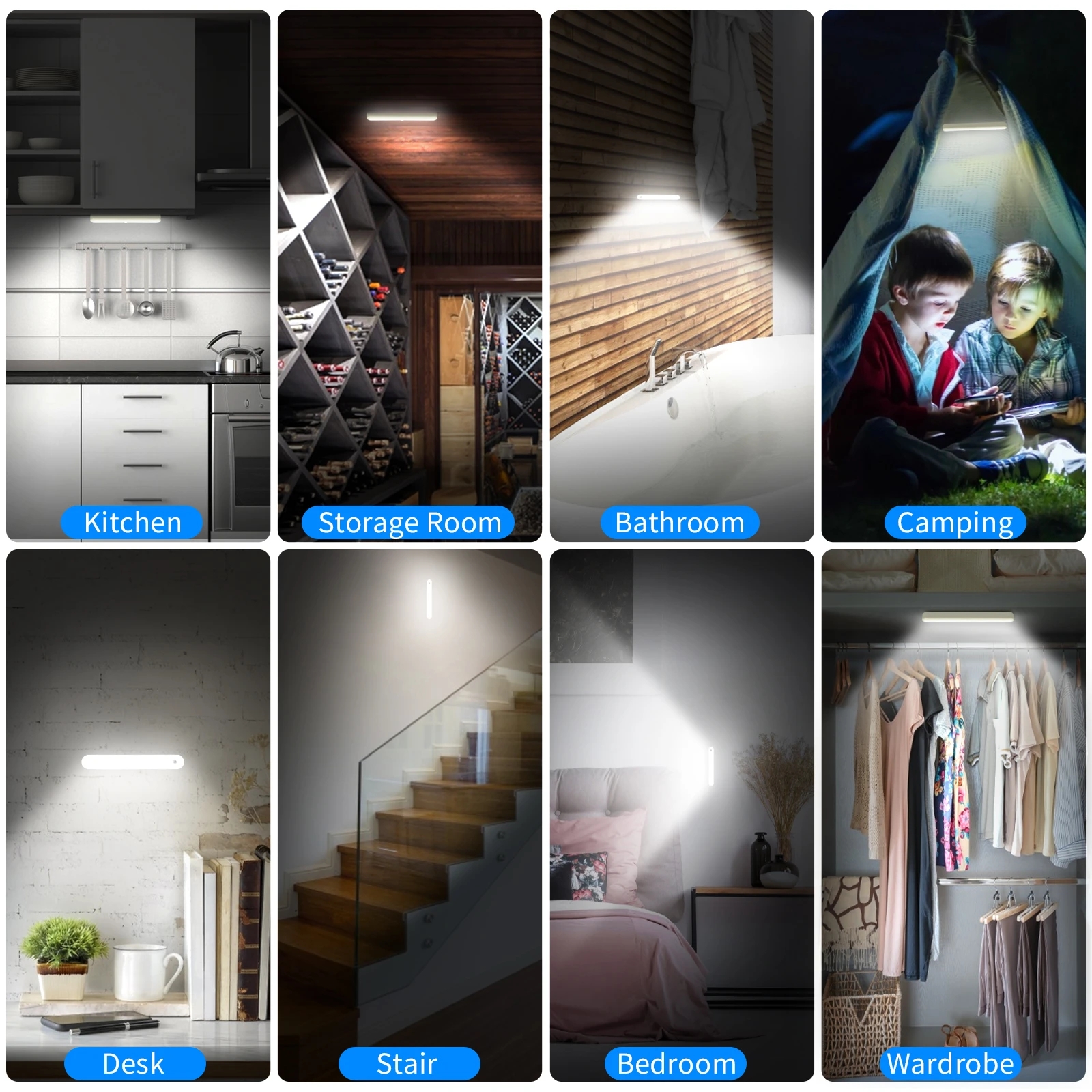 Luce del sensore di movimento Luce notturna a LED senza fili USB Ricaricabile Armadio Luce Guardaroba Lampada intelligente Retroilluminazione mobili da cucina