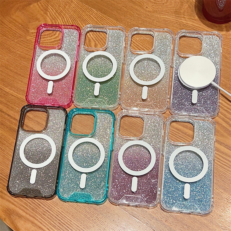 Gradient Glitter trådlös laddning Magnet för Magsafe -fodral för iPhone 15 14 13 12 11 Pro Plus Max Cushion akrylbumrar