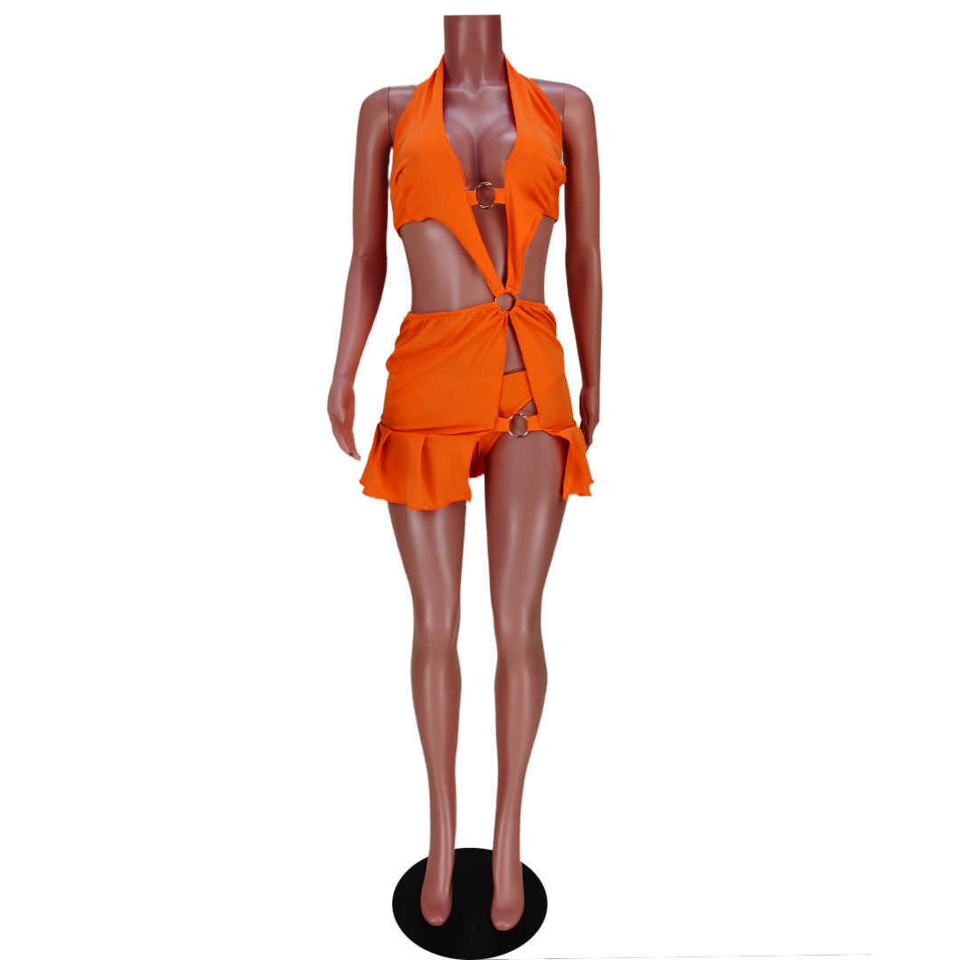 Two Piece Dress Echoine New Orange Set Halter Backless Mini Dress Ruffle Hollow Out Metal Ring Sexy Dresses Party Night Club Vestidos T230113