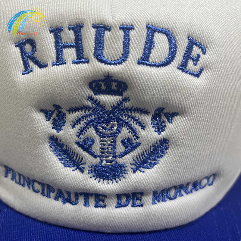 Klasyczne modne błękitne litery haft korony rhude hat men kobiety regulowane filta przeciwsłoneczne siatkowe patchwork rhude baseball cap219p