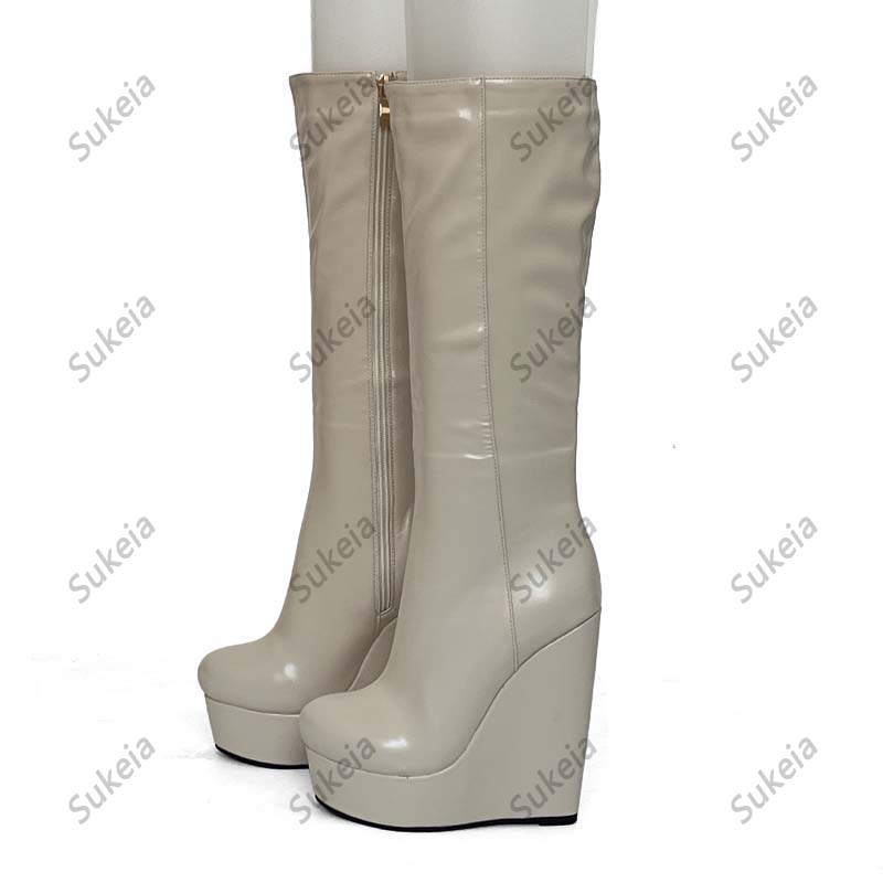 Sukeia – bottes au genou faites à la main pour femme, chaussures d'hiver à bout rond avec fermeture éclair complète, jolis talons compensés, Beige et gris, chaussures décontractées pour dames, taille américaine 5-20