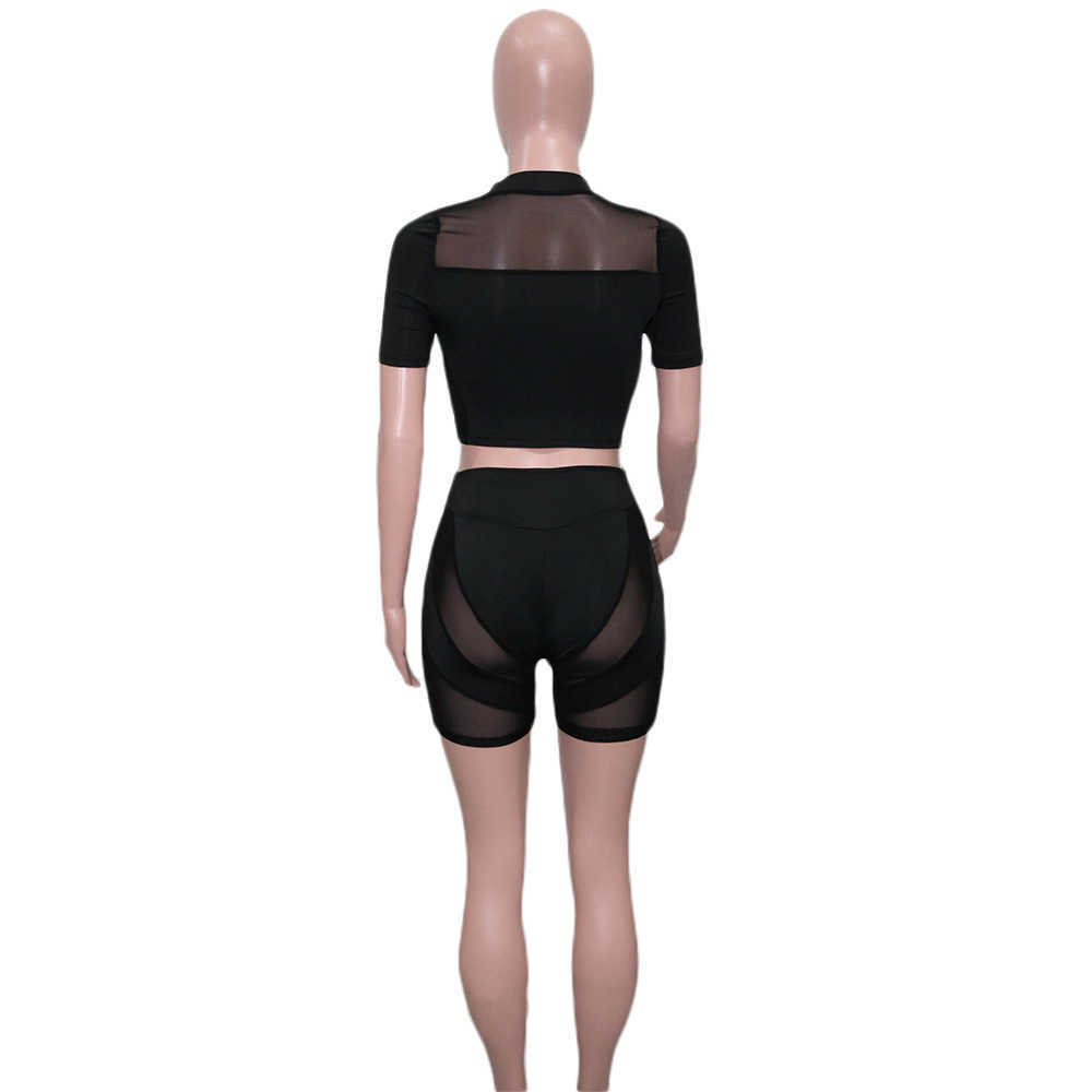 Tvådelad klänning Anjamanor Sheer Mesh Insert Black Two Piece Set Women Crop Top and Shorts Matchning Set Sexiga klubbkläder Summer 2022 D43-CF21 T230113