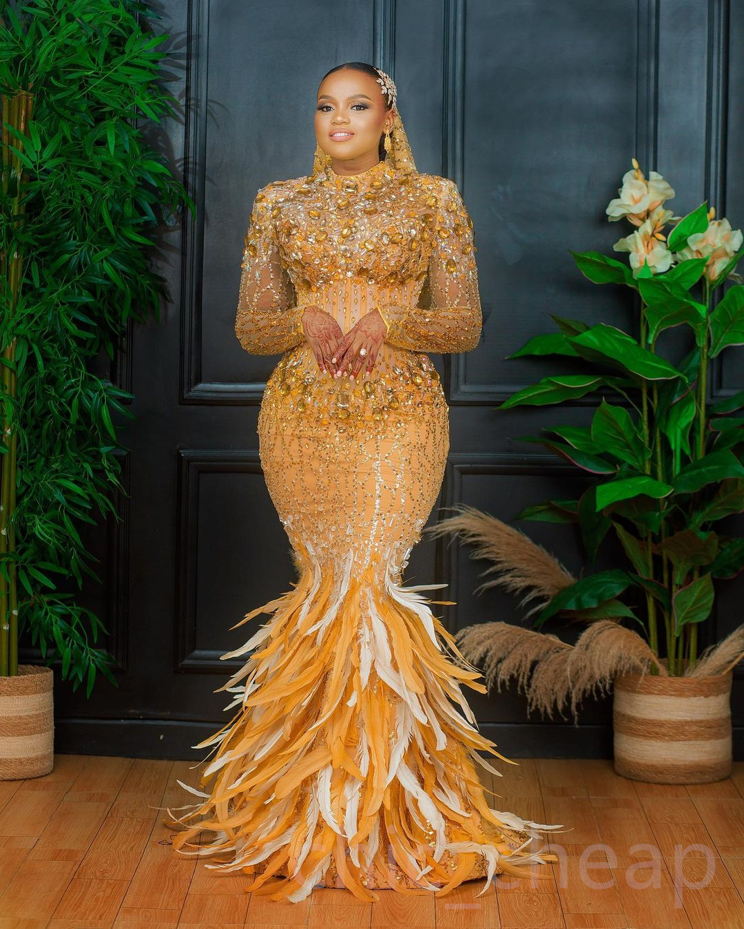 2023 Arabic Aso Ebi Gold Mermaid Prom Dresses Beaded Crystals Evening Formal Party Second Reception Birthday Engagement Gowns Dress ZJ911