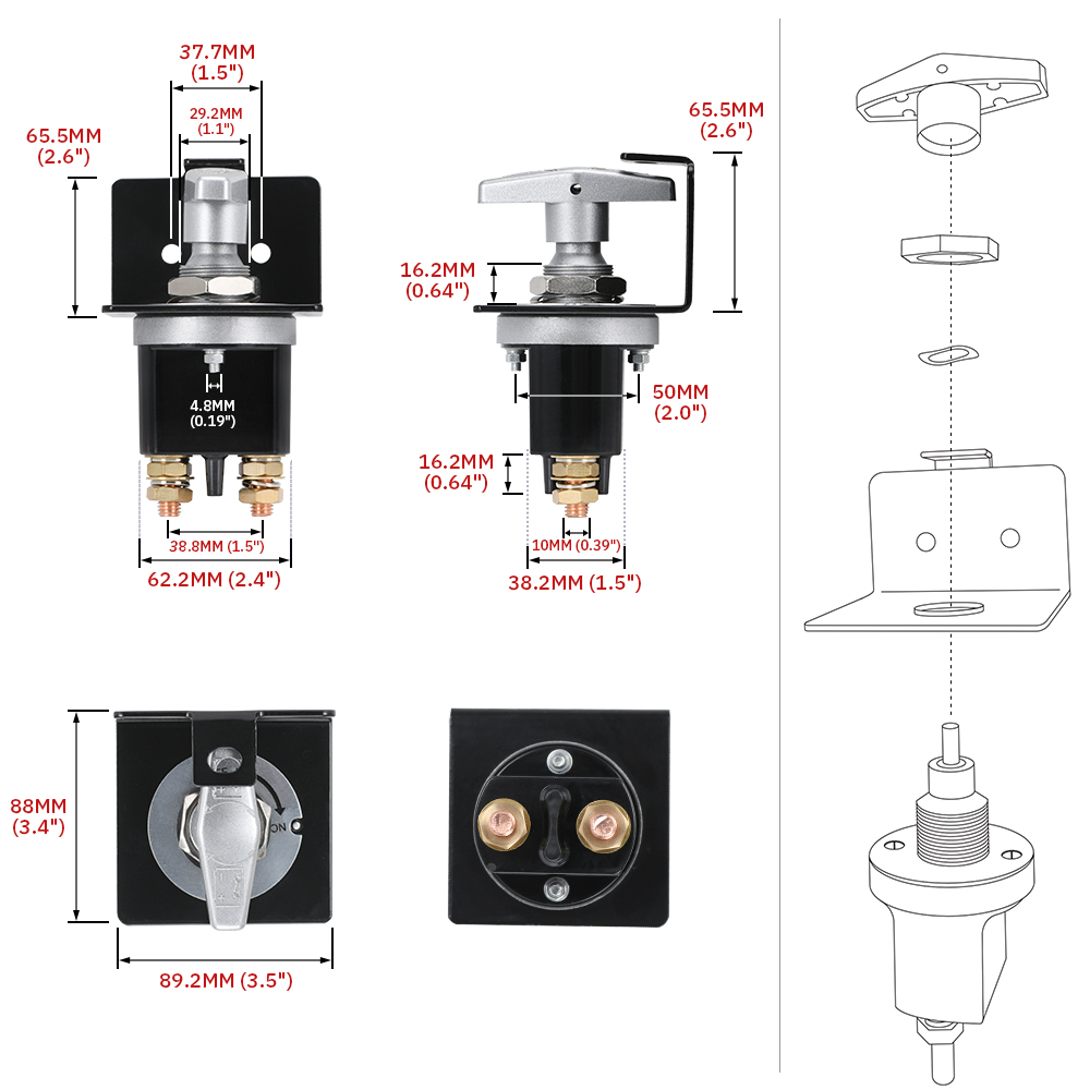 1500A Heavy Duty Battery Kill Mass Switch Coupe-circuit de batterie Disconnector Isolateur avec trou de serrure pour RV Camper Van Truck Boat PQY-KG20