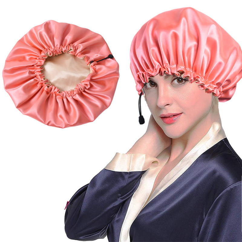 Bonnets de douche huilés pour femmes, bonnet de nuit double couche, mise à niveau réglable en soie douce, bain à double usage, chimiothérapie, couleur pure, exquis et confortable zxf 123