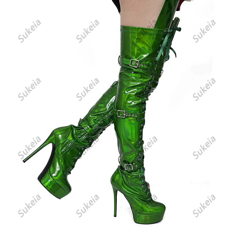 Sukeia New Women Women Winter Thin Boots Ultra High Saltos à prova d'água Round Toe Green Blue Night Club Sapates Ladies Plus Tamanho 5-20