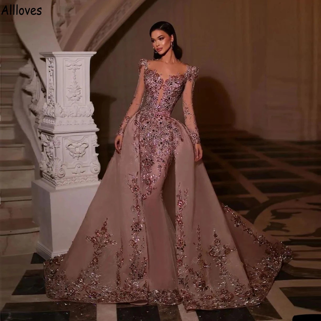 Pink Luxurious Sequined Lace Beaded Evening Pageant Dresses With Detachable Train Sheer Neck Long Sleeves Dubai Arabic Pakistan Mermaid Prom Party Gowns CL1689