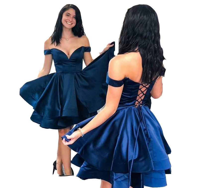 2023 Sexy kurze königsblaue Heimkehrkleider schulterfrei, abgestufte Rüschen, Korsettrücken, Partykleid, Abschlussfeier, formelle Cocktailkleider, Ballkleid