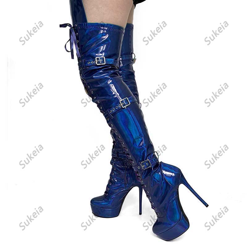 Sukeia New Women Winter Thigh Boots Waterproof Ultra High Heels Round Toe Green Blue Night Club Shoes Ladies US Plus Size 5-20