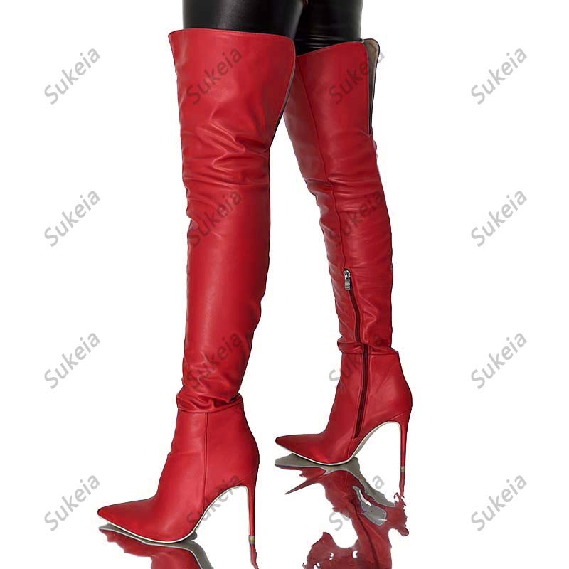 Sukeia handgemachte Damen Winter-Oberschenkelstiefel, sexy Stiletto-Absätze, spitze Zehen, schöne blaue Kleidschuhe, Damen, US-Größe 5–15