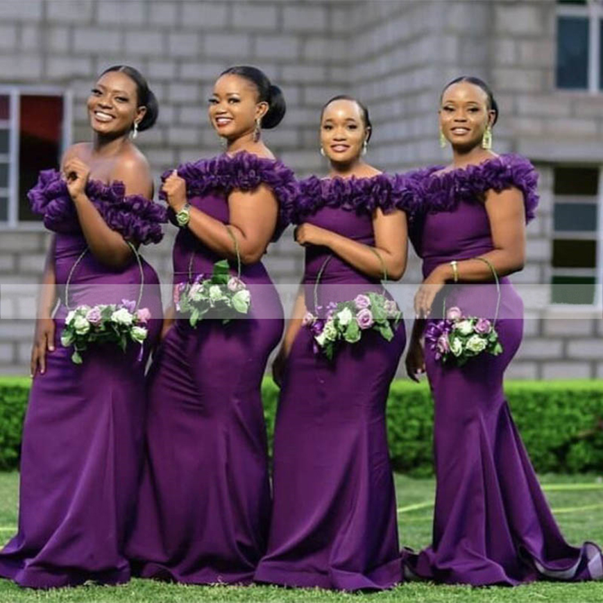 Ruffles Dark Purple Bridesmaid Dresses Off Shoulder Plus Size Mermaid African Women Long Wedding Party Dress Robe De Soiree
