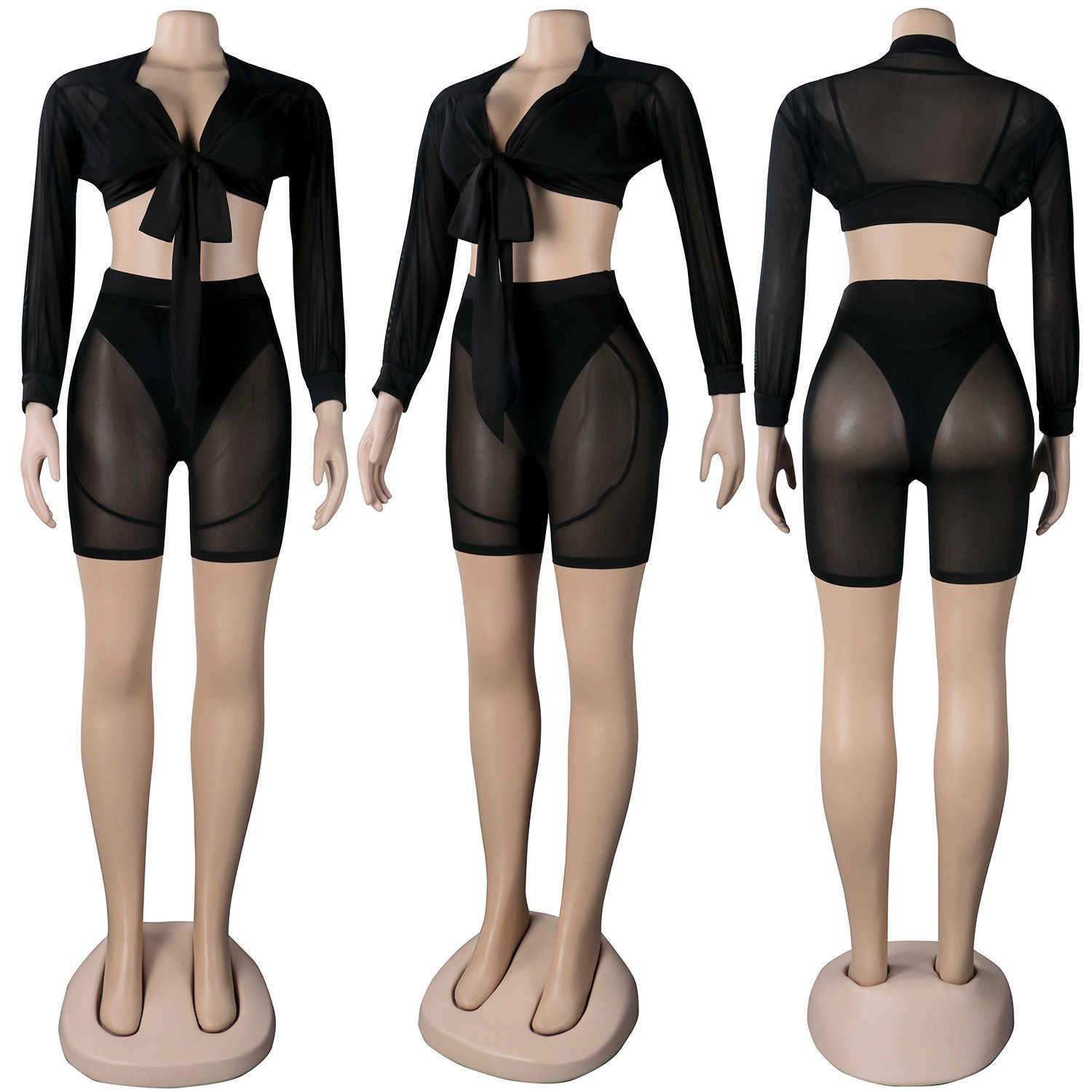 Two Piece Dress Anjamanor Sheer Mesh Long Sleeve Shorts Set Sexiga klubbkläder för kvinnor Matchande uppsättningar Black White Wholesale D35-CE26 T230113