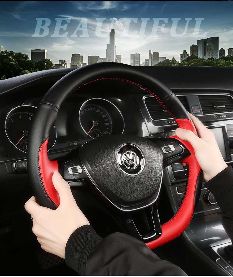 for Volkswagen Tiguan 2017-2020 high quality hand stitched non-slip leather steering wheel cover car interior