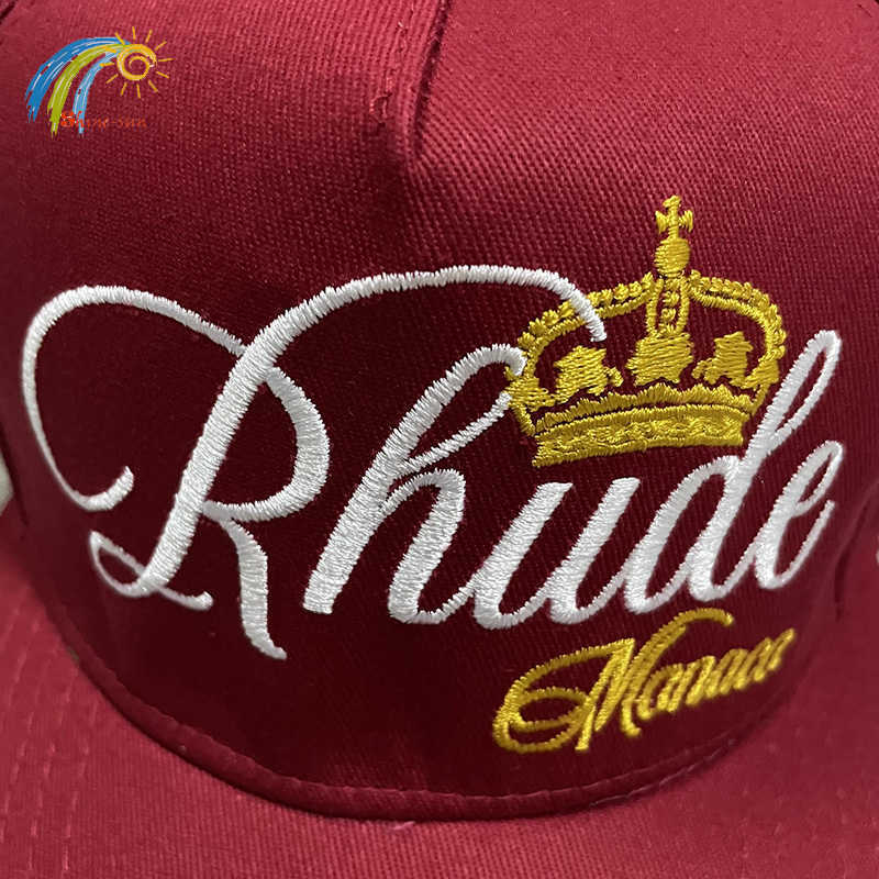 Gorra de béisbol Rhude roja con bordado de corona clásica para protección solar de ala ancha de estilo veraniego para hombres y mujeres, sombrero ajustable RHUDE de calle alta