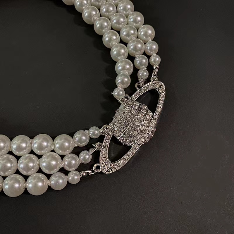 Satelliten-Halskette, Designer-Damen, Top-Qualität, mit Original-Box, Western-Empress-Anhänger und amerikanischer Retro-dreischichtiger Perlenkette, volle Diamant-Halskette, weiblich