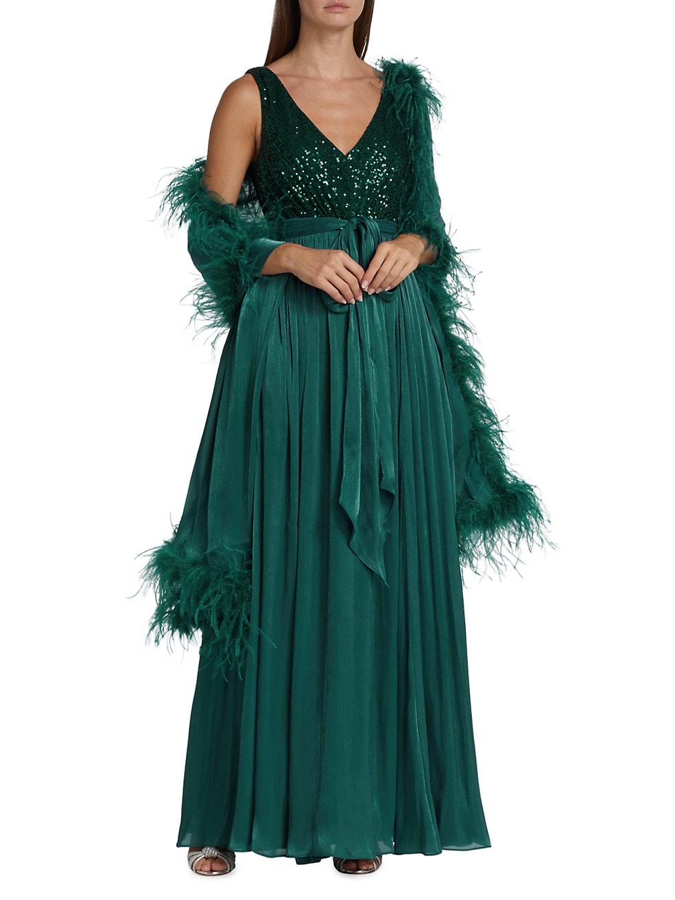 2 Pièces Robes De Bal Élégantes A-ligne Col En V Sans Manches Tulle Paillettes Châle Avec Plume Dos Nu Etage Longueur Fermeture Éclair Robe De Soirée Sur Mesure Plus La Taille