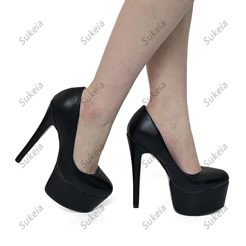 Sukeia New Fashion Women Pumps Faux Leather Round Toe Sexy Stiletto Heel Black Party Shoes Ladies Plus US Size 5-20