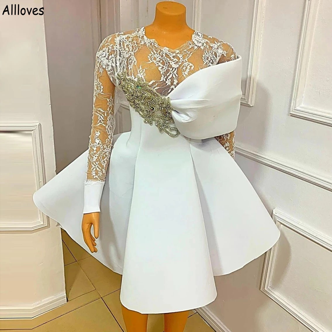 White Fashion Cocktail Party Dresses For Women Long Sleeves Lace Applique Beaded Formal Party Ball Gowns Fluffy Skirt Short Prom Dress Dubai Arabic Aso Ebi CL1691