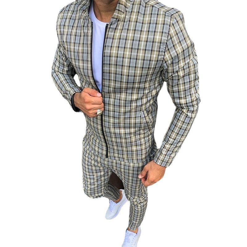 ファッションデザイナージャケットメンズトラックスーツセット秋のトップパンツカラフルな格子縞の男性カジュアルジッパーセット男性スウェットシャツポケット