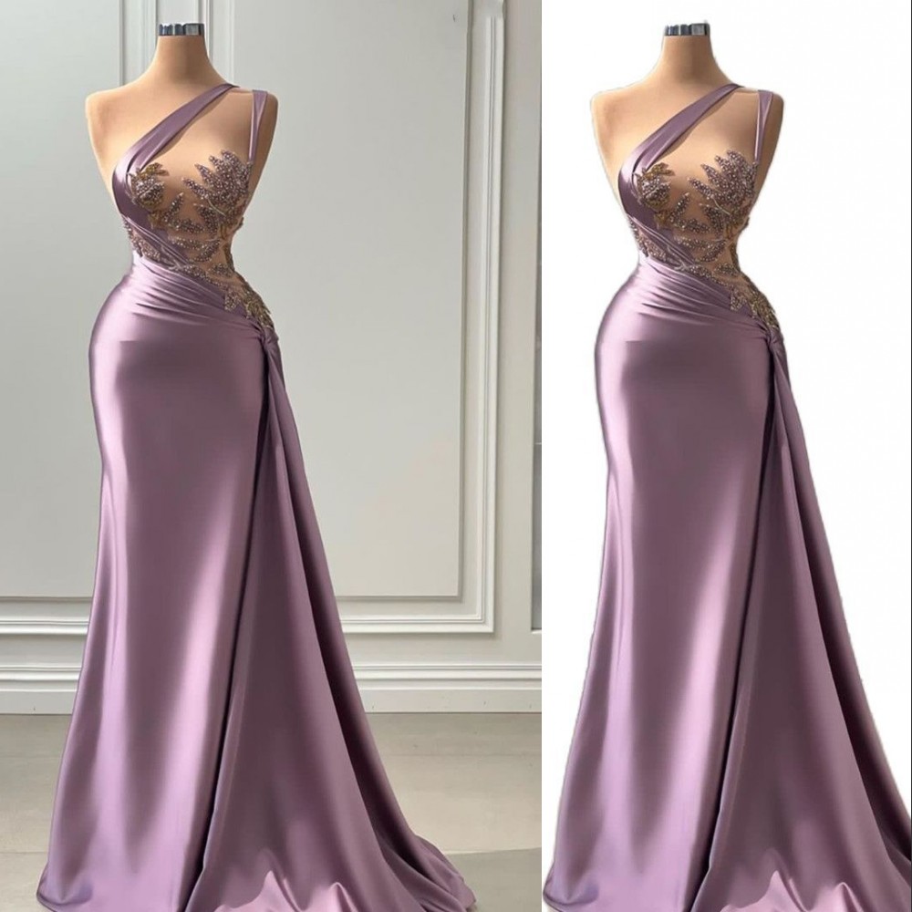 2023 LILAC SEXY LIGHT PURPPE ROBES DE SOIGNE PORTER Sirène One épaule Illusion Perles Crystal Robes Proms Couetons Couette plus taille Forme Robe Forme