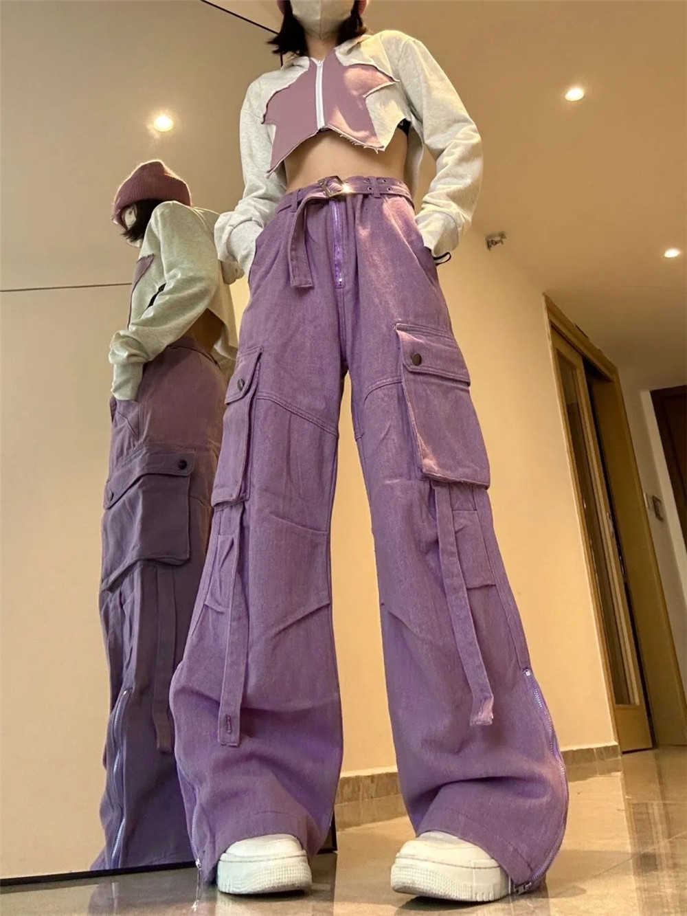 Capris da donna Cargo elastico a vita alta con cintura Tasca casual Allentato Vintage Harajuku Streetwear Pantaloni a gamba larga Pantaloni viola coreani 0113