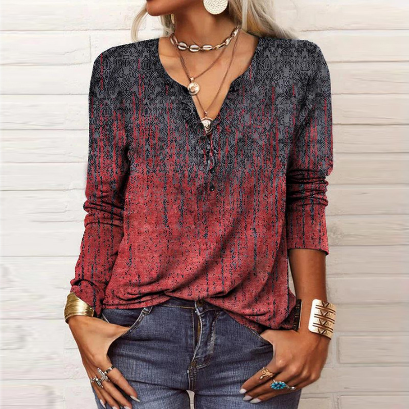 Vintage géométrique col en U bouton T-Shirt femmes automne élégant confortable à manches longues hauts femme ample banlieue t-shirts nouveau