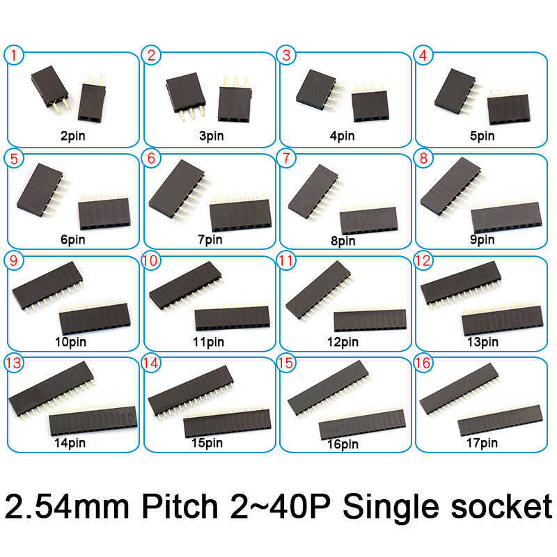 2.54mm Tek Satır Üstü PCB Soket Pin Başlığı Konnektör Şeridi 2/3/4/6/10/12/16/20/40 soket başlığı