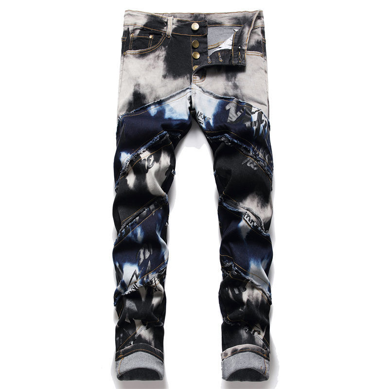 Nuovi JEANS Pantaloni chino pantaloni Pantaloni da uomo Pantaloni elasticizzati attillati lavati dritti Skinny Ricami Patchwork Strappato Tendenza uomo Marca Moto JEANS-B15