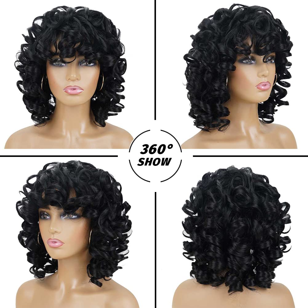 African american 100% human hair wigs Short bouncy Curly Wig with Bangs Afro Kinky Curls full machine made Natural Looking 150%