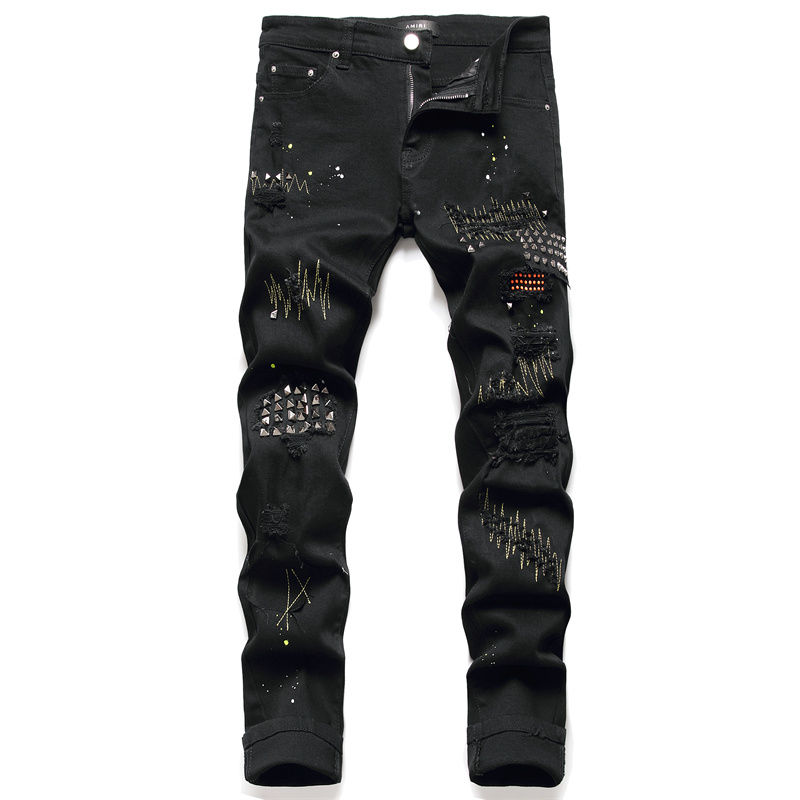 Nya jeans chino byxor byxa mäns byxor sträcker sig nära passande slacks tvättade rak mager broderi lapptäcke rippade mens trend märke motorcykel jeans-b06