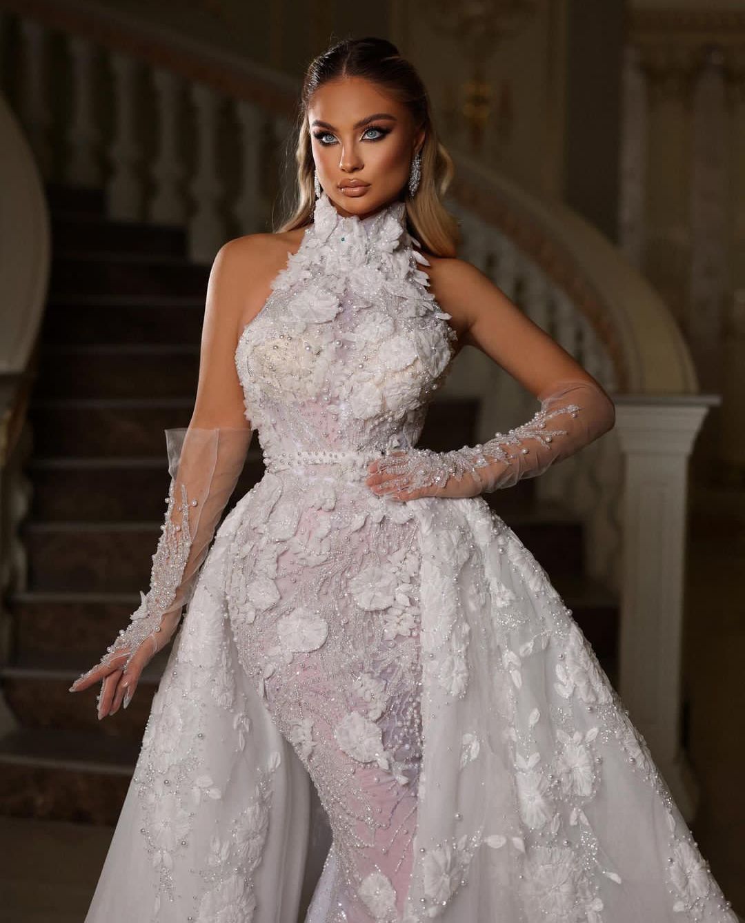 Robes de mariée sirène élégantes sans manches col haut dentelle fleurs perles paillettes appliques robes formelles train détachable robes de mariée grande taille robe de novia