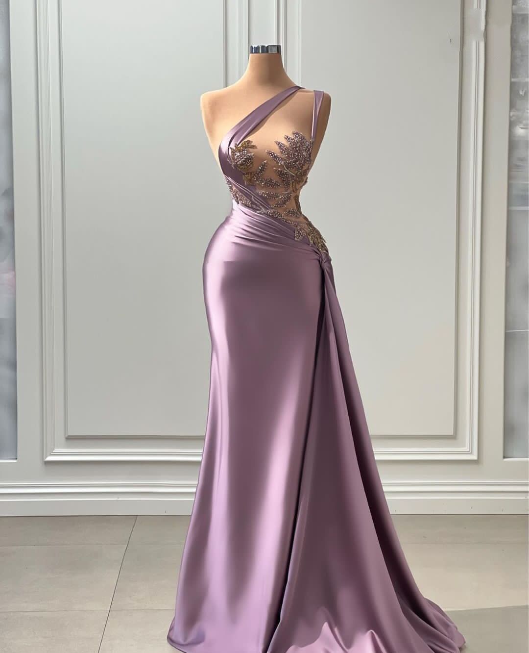 2023 Light Light Light Purple Prom Vestres Sereia One ombro Ilusão de Cristal Contas de Cristão Vestidos de noite lados de corte de tamanho grande vestido de festa formal