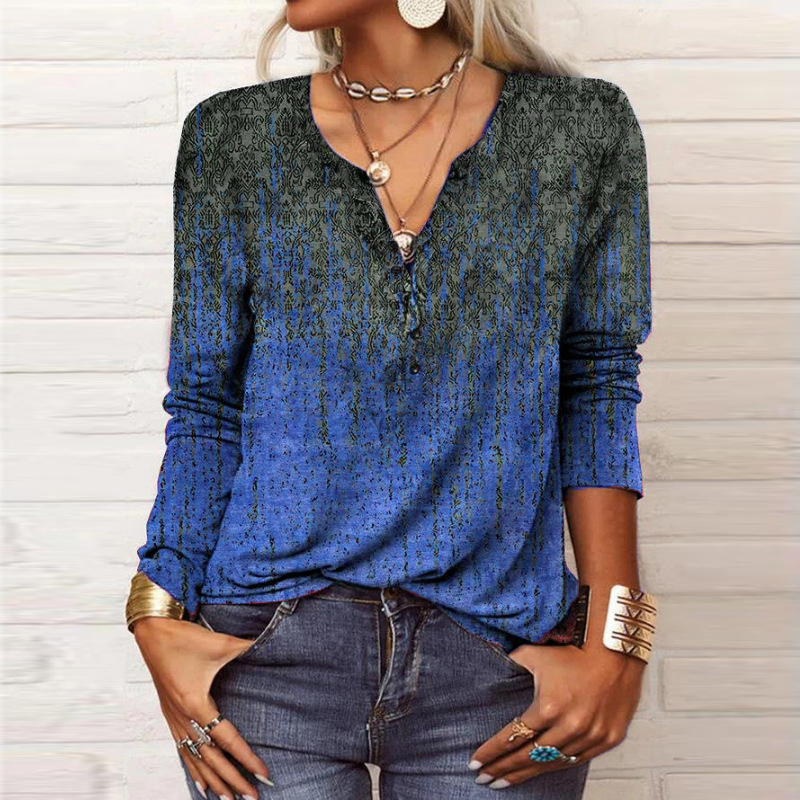 Vintage geometrisk u-hals-knapp t-shirt kvinnor h￶st elegant bekv￤m l￥ng￤rmad toppar kvinnliga l￶st pendlare tees nya