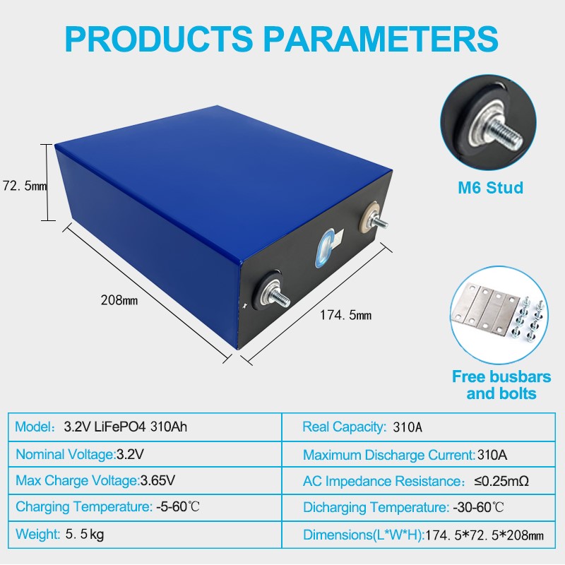 Batterie prismatique 3.2V, 280ah, 310ah, rechargeable, lithium-ion, cellules LiFePO4, cycle profond, pour le stockage d'énergie du système solaire