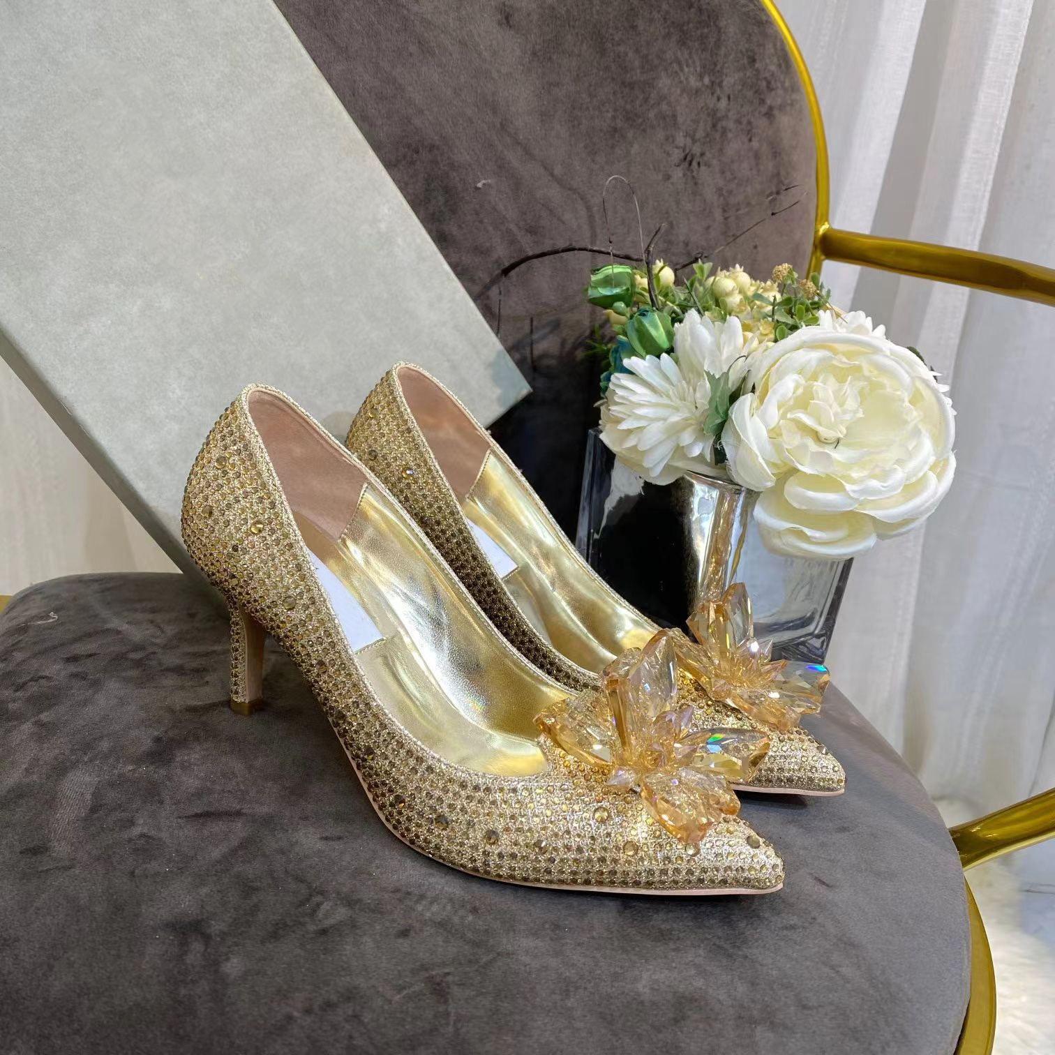 23ss alia jc strinestone shoes bridal bling crystal crystal floral свадебные высокие каблуки указали женщины серебряные насосы