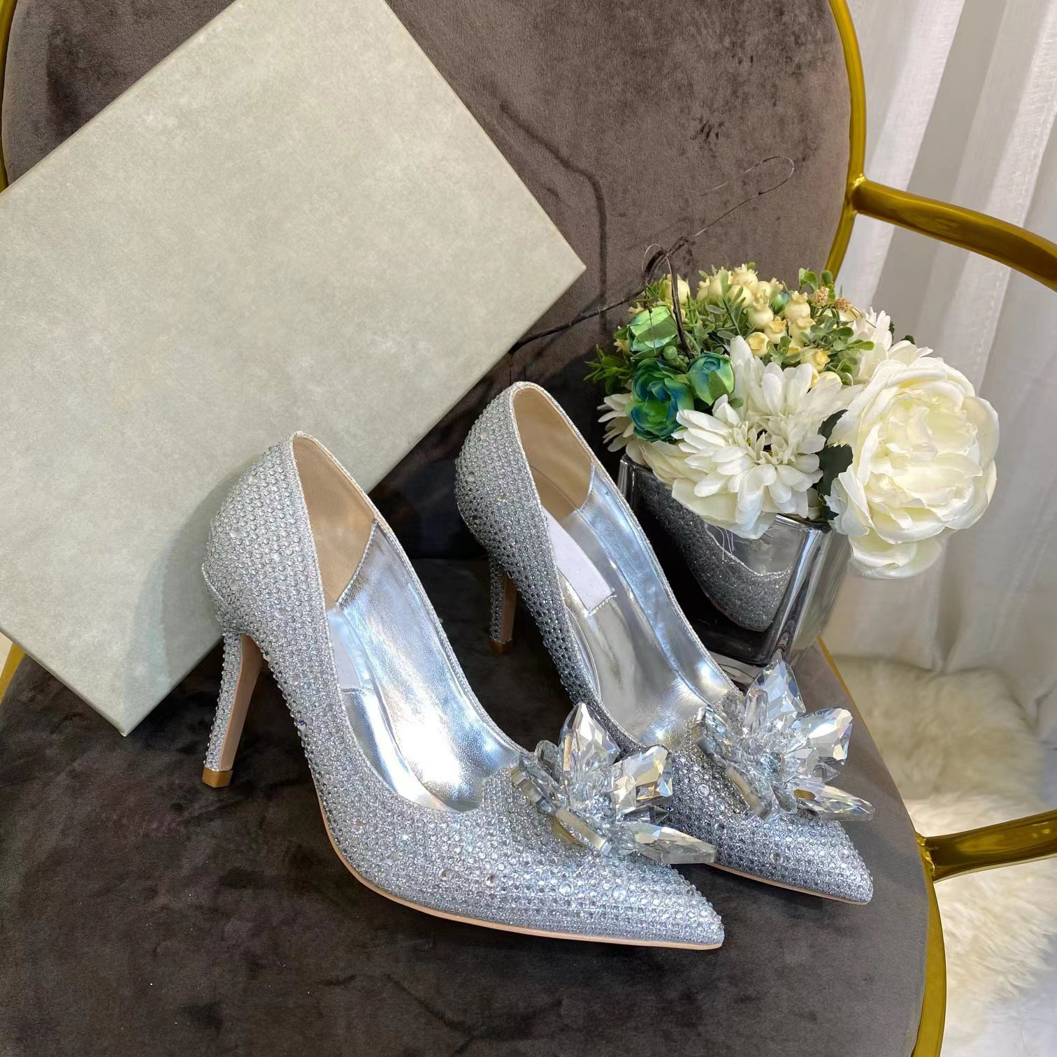 23ss alia jc strinestone shoes bridal bling crystal crystal floral свадебные высокие каблуки указали женщины серебряные насосы