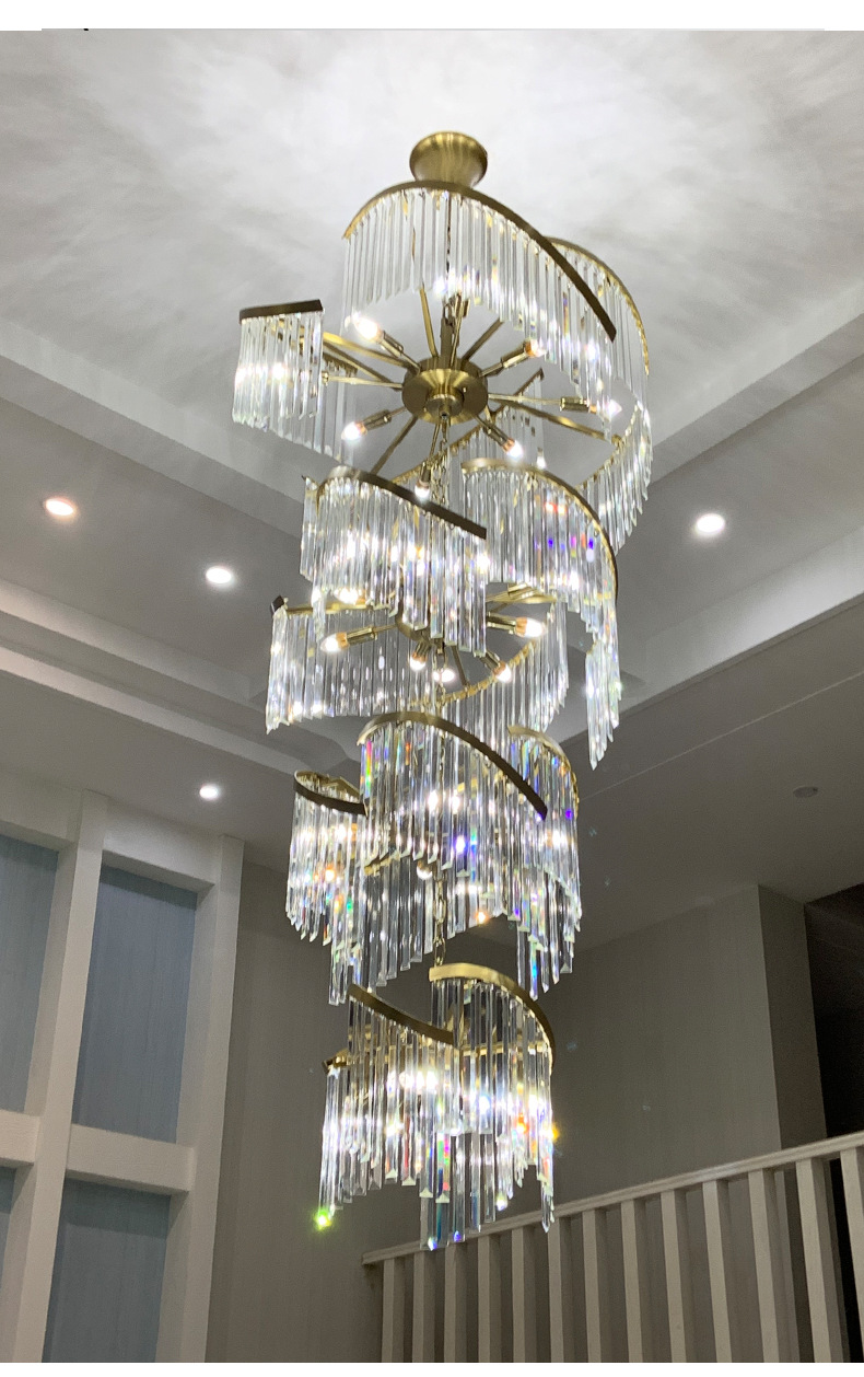 Lámparas de araña en espiral largas modernas, lámpara de cristal de lujo americana, lámpara colgante grande europea, sala de estar interior para el hogar, escaleras, pasillo del hotel, luz colgante